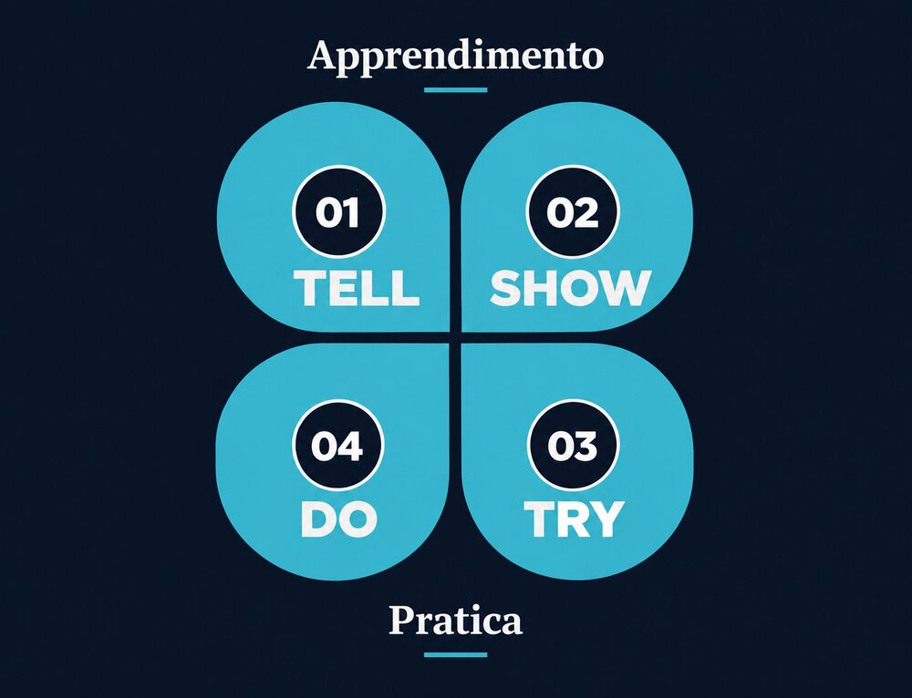Infografica: i 4 step dell'Apprendimento e della Pratica, Tell, Show, Try, Do