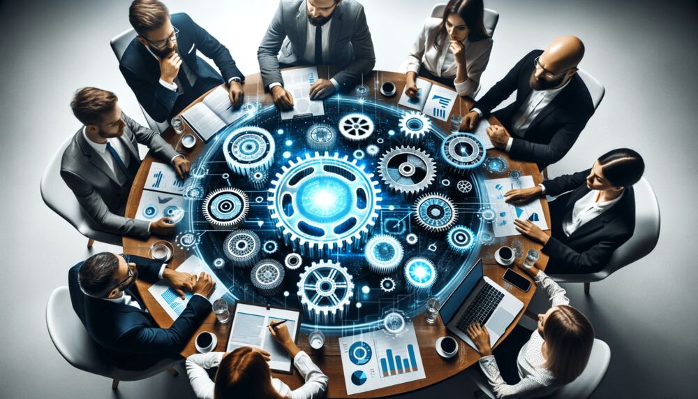 Immagine generata con Intelligenza Artificiale: un Team riunito attorno a un tavolo con una proiezione olografica di ingranaggi