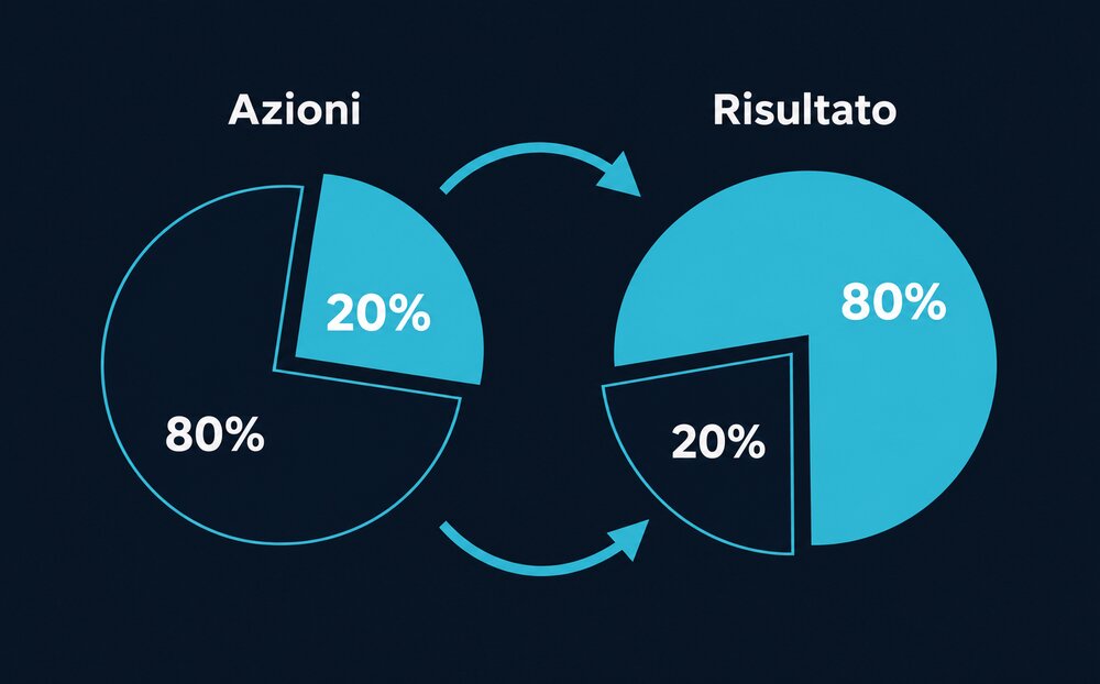 Infografica della legge di Pareto: due grafici a torta, Azioni e Risultato, il 20% delle azioni produce l'80% dei risultati