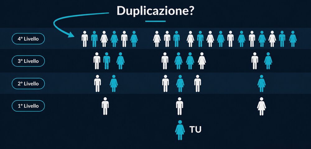 Infografica Duplicazione: schema a 4 livelli del Team con figure stilizzate, dal primo al quarto livello di profondità