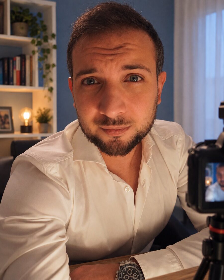 Daniele davanti a una fotocamera su treppiede, pronto a registrare