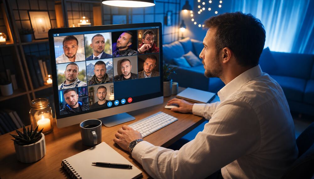 Immagine generata con Intelligenza Artificiale: varie versioni della stessa persona in una videochiamata multipla, come in un multiverso